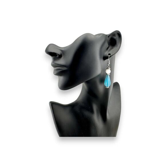 Blue Melon Teardrop & White Jade Earrings Czech Glass 925 Sterling Silver - Picture 6 of 10